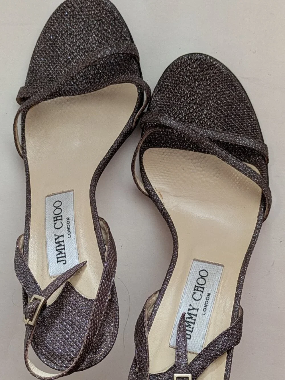 JIMMY CHOO SANDALS / brown embossed subtle sparkle fabric, thin strap  / size 39